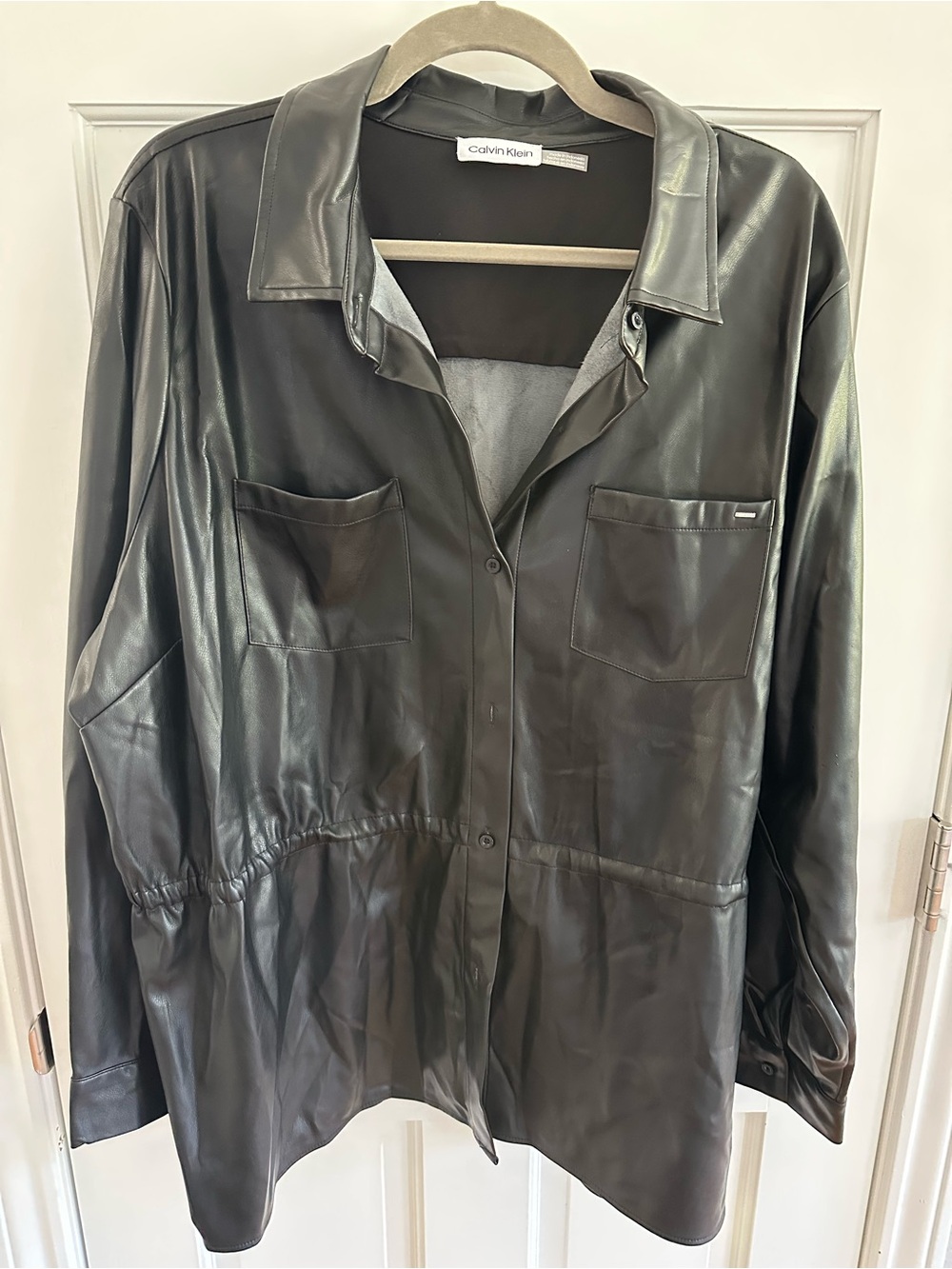 Calvin Klein Black Faux Leather Drawstring Waist Jacket